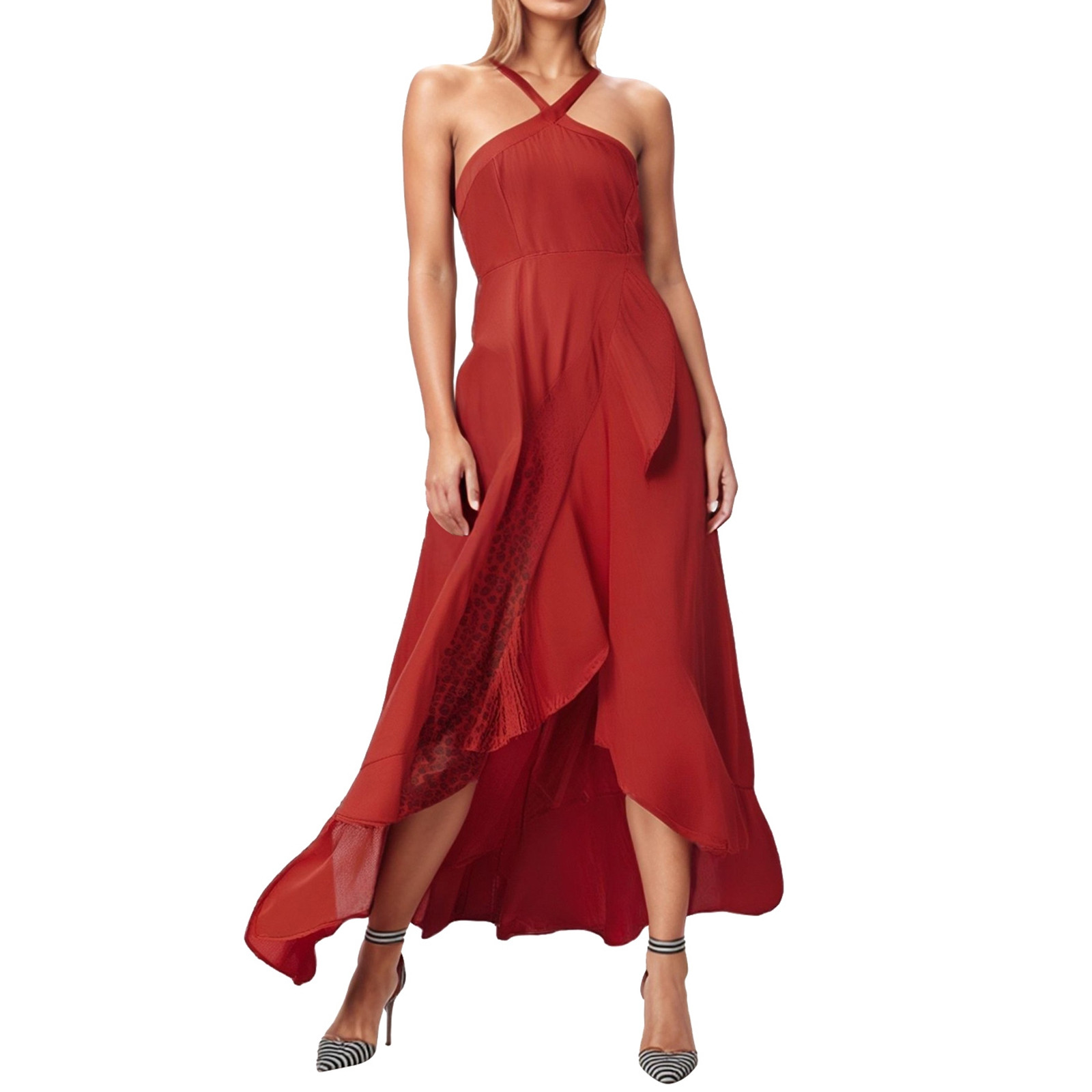 Vestido de fiesta de verano fluido para mujer con tirantes con volantes: elegante color liso, tejido ligero, cómodo para ocasiones especiales.